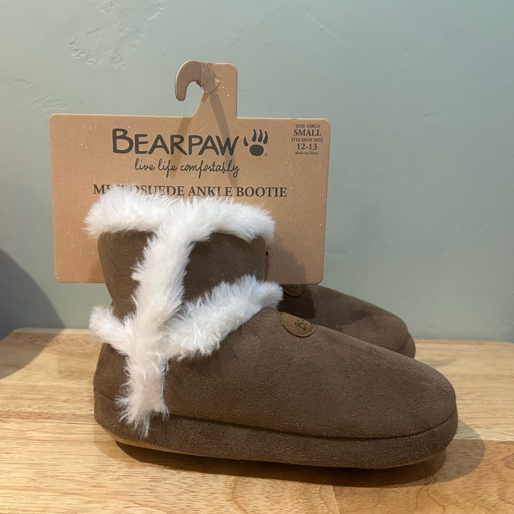 BEARPAW Micro Suede Ankle Booties With Faux Fur Trim. Little Girls Size 12-13.